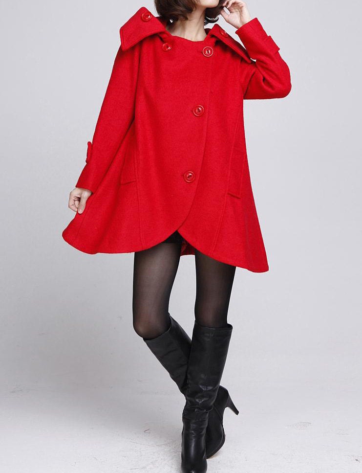 Red cloak wool coat Hooded Cape women Winter wool coat