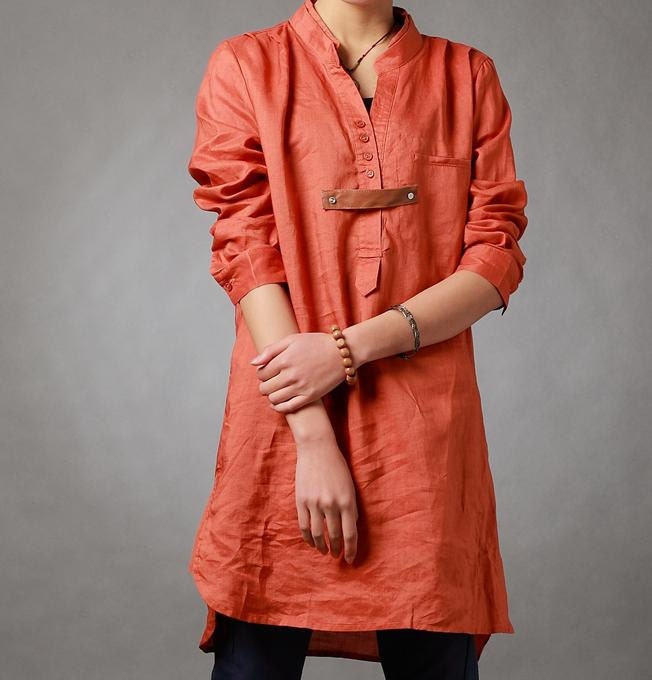 Spring orange shirt linen asymmetric long sleeved shirt