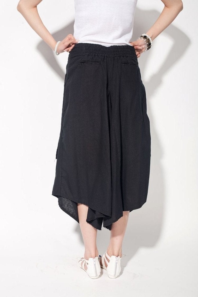 women linen Wide leg pants/ asymmetric Large pocket women trousers