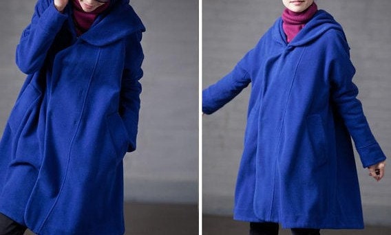 Blue Hoodie Wool cape winter coat