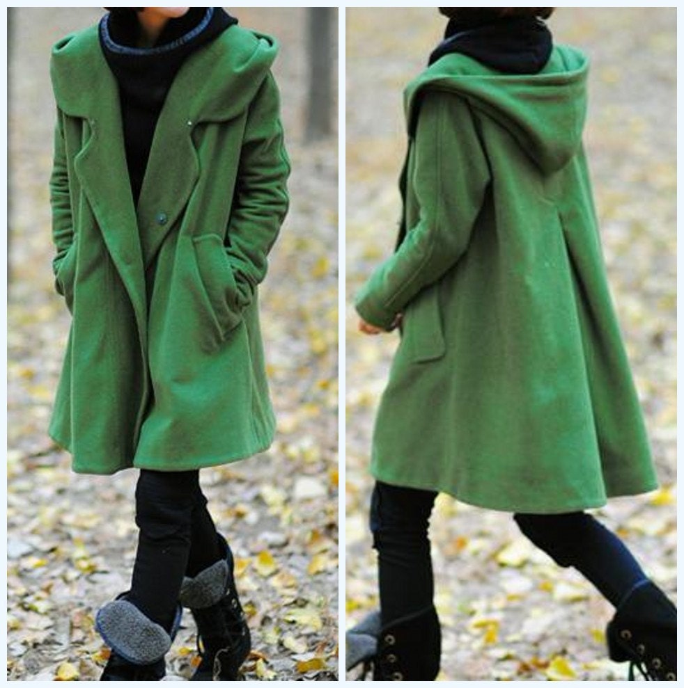 grass green Hoodie Wool cape winter coat