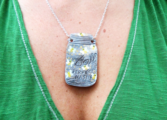 Mason Jar Necklace - Firefly's In A Jar - Hand Tooled Leather