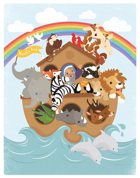 Noah's Ark illustration print. 11x14. Bright colors. Nursery Wall art. Unisex. Large.