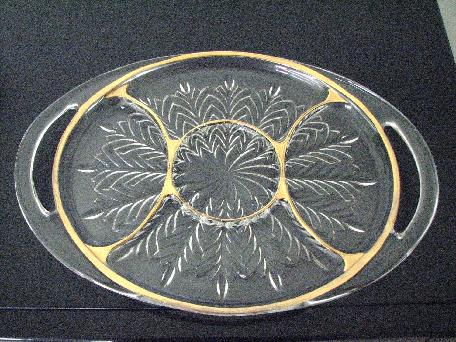 Divided Serving Plate Glass with Gold Trim and by FingerLakesFinds