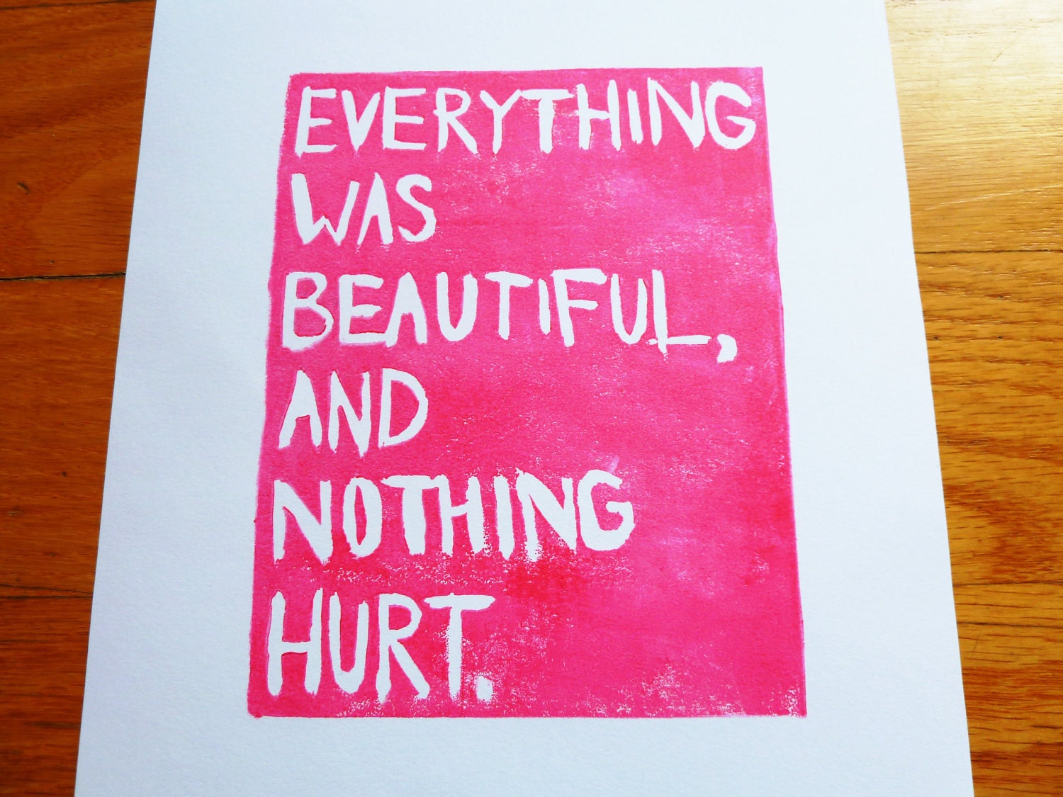 LINOCUT PRINT - Quote, Kurt Vonnegut - Everything Was Beautiful And Nothing Hurt (Magenta) Linocut Art 8x10