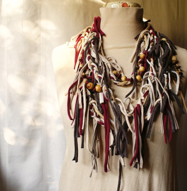Art Mess in Shades of Earth Fringe Necklace Shreded Scarf Upcycled Woman's Clothing Funky Tattered Eco Friendly Style Upcycled Clothing