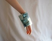 Teal Blue Fiber Cuff Upcycled Woman's Jewelry Made from Recycled Clothing Crazy Patchwork Textile Bracelet MADE TO ORDER