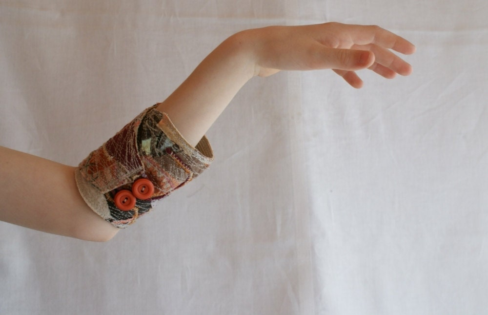 Asymmetrical Fiber Cuff in Shades of Maroon Brown Upcycled Woman's Jewelry Made from Recycled Clothing Textile Bracelet Crazy Patchwork