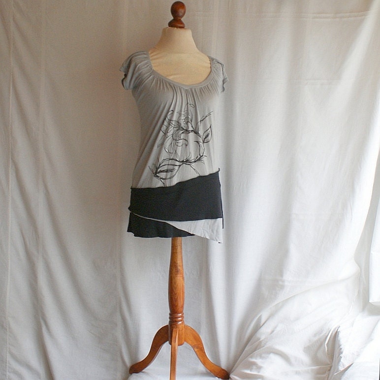 Grey Black Tunik Size M L Medium Large Blouse Shirt Upcycled Woman's Clothing Casual Woman's Dress Funky Eco Upcycled Tunic Eco Friendly
