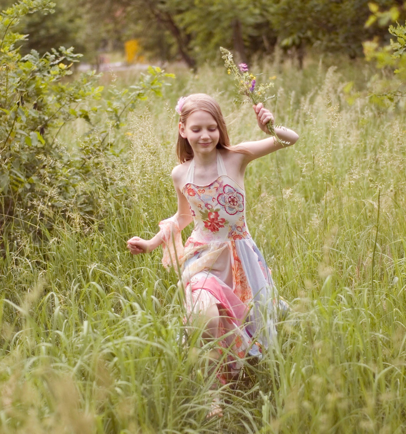 Tunic Junior Bridesmaid  Dress Pastel Wedding Flowers Girl Fairy Upcycled Tattered Romantic Dress Shabby Chic Funky Eco Style