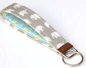 Key Fob, Wristlet Keychain, White Elephants on Grey Fabric