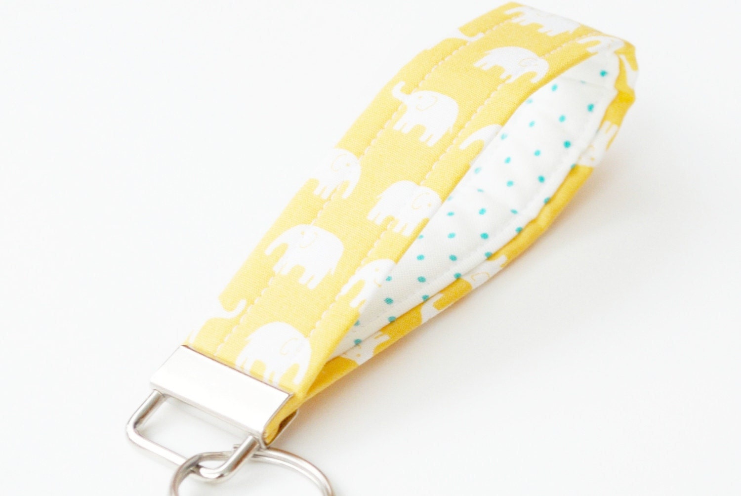 Wristlet Keychain, Key Fob,  White Elephants on Sunny Yellow Fabric