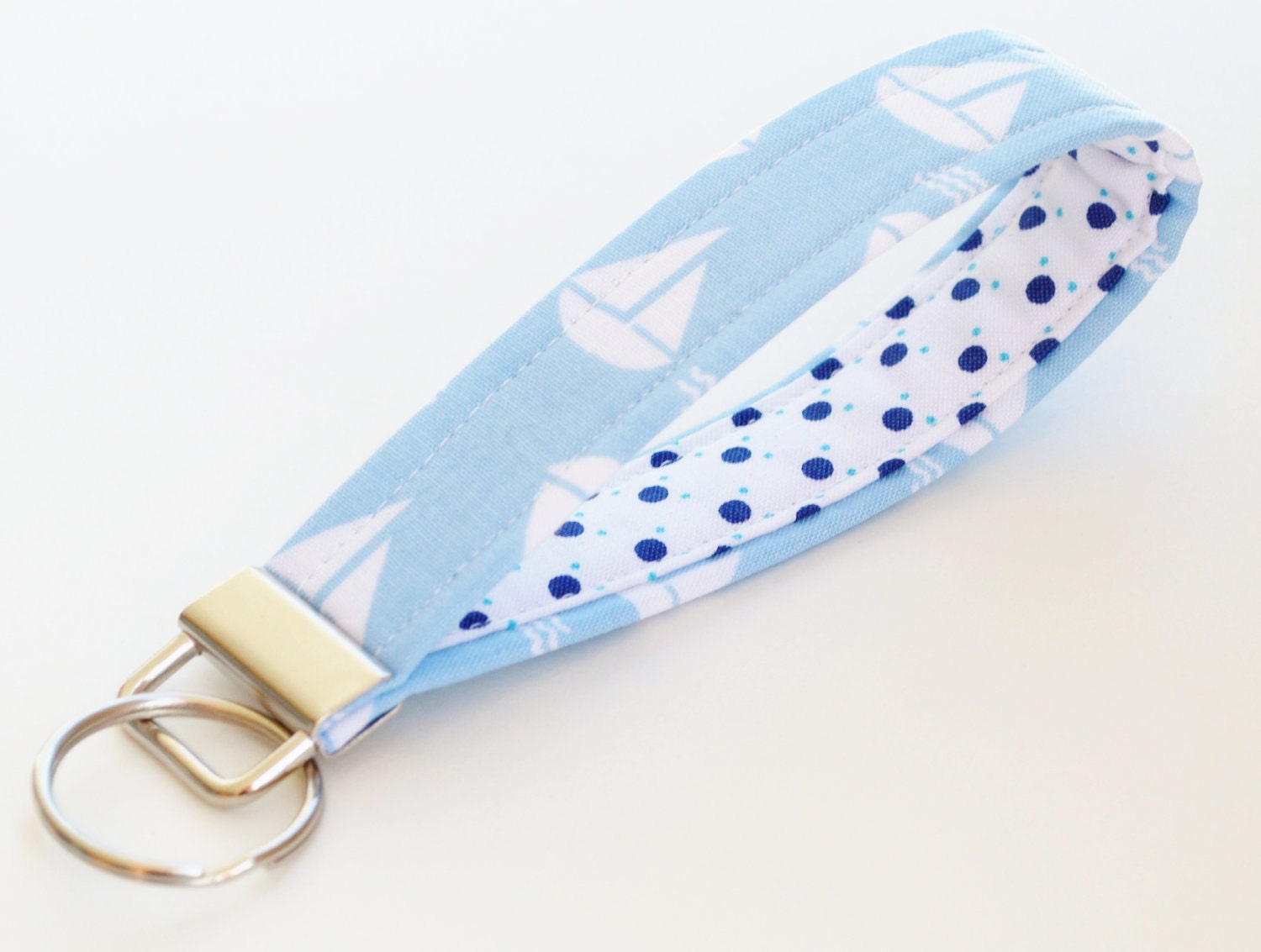 Key Chain Sailboat , Fabric Key Fob, Key Strap - Light Blue and Navy Nautical Style