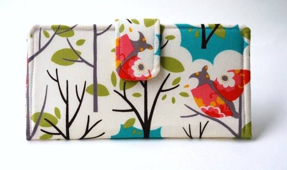 Owl Wallet, Fabric Bifold Clutch, Woodland Forest, Teal, Pink, Green, Yellow, Made to Order