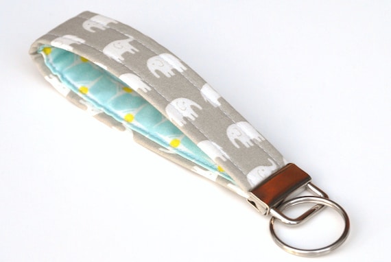 Key Fob, Wristlet Keychain, White Elephants on Grey Fabric