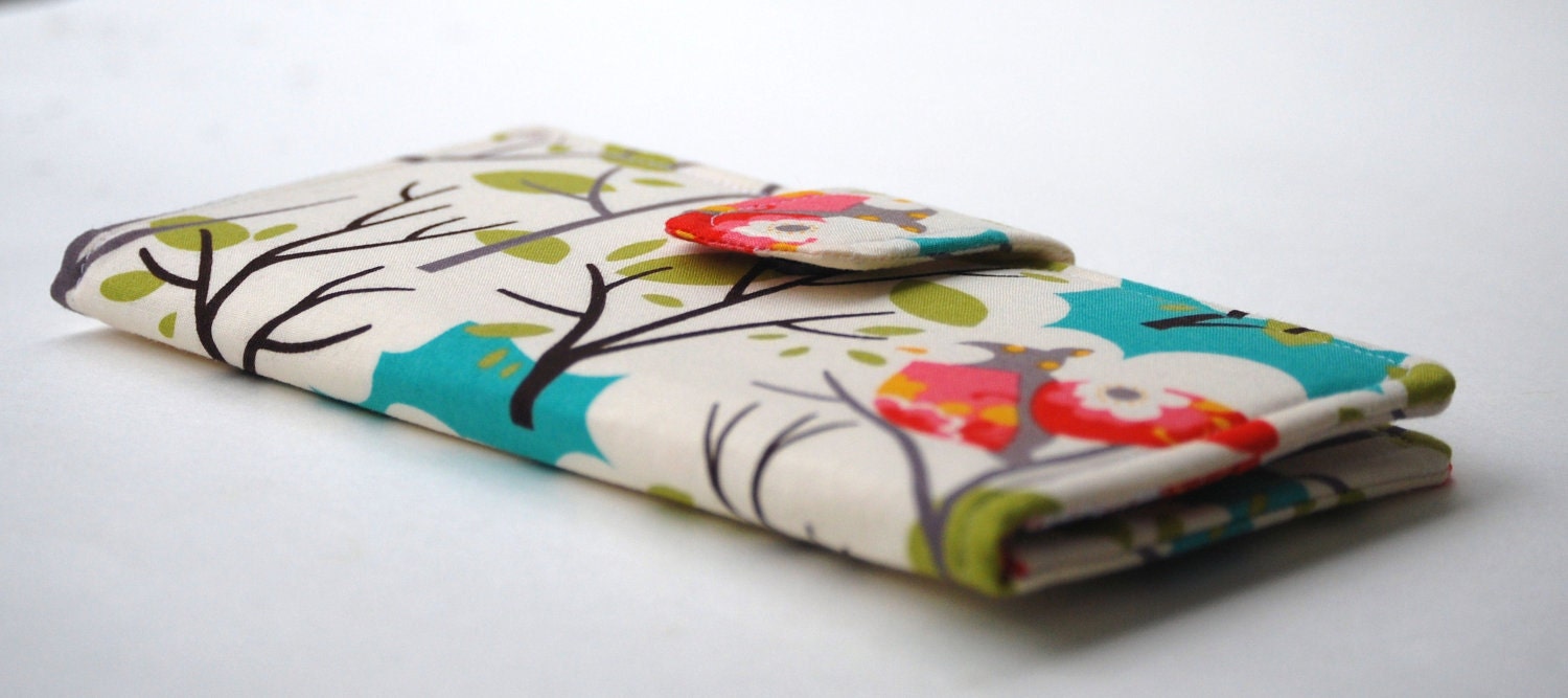 Owl Wallet, Fabric Bifold Clutch, Woodland Forest, Teal, Pink, Green, Yellow, Made to Order
