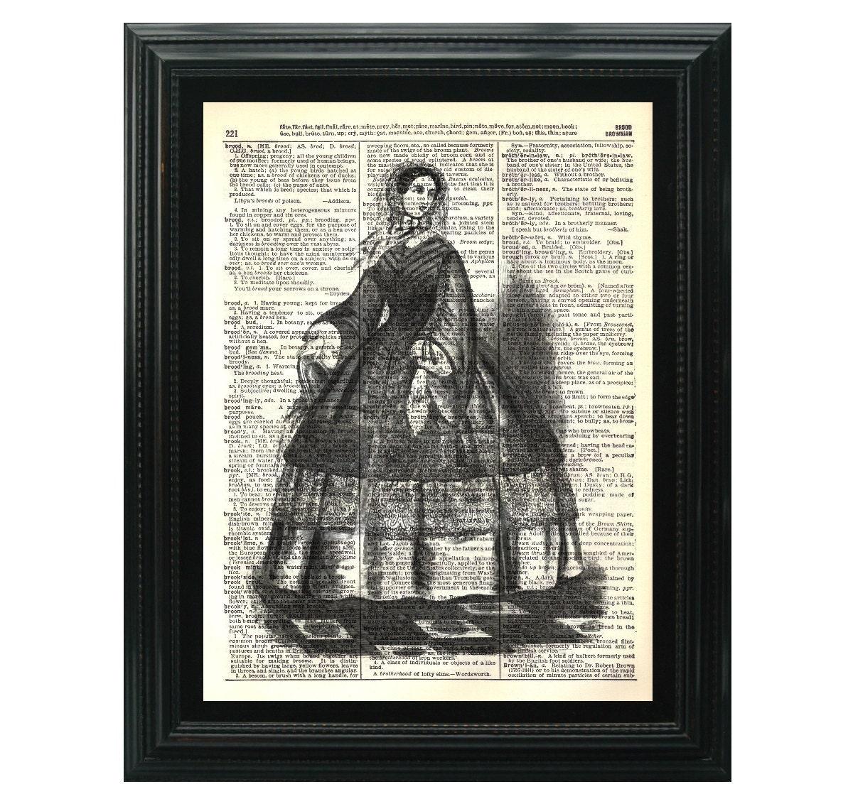 VintageClips Art Print A013 - Lady in a fashion dress printed on vintage dictionary page.