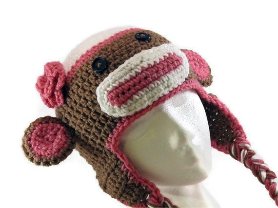 Girls Sock Monkey Hat - Baby  - Beanie with Earflaps -  Made to Order