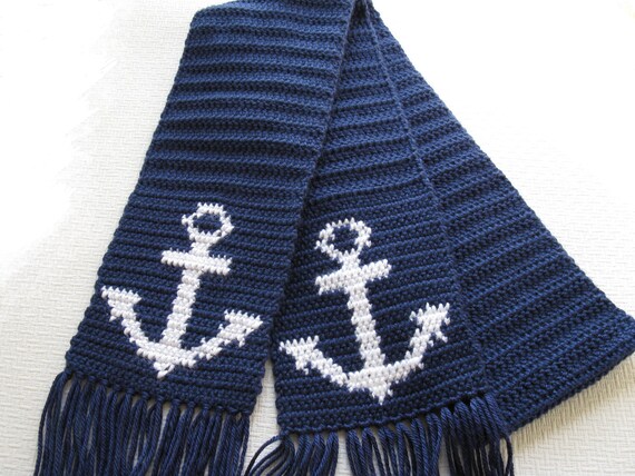 Anchor Scarf for Men. Navy blue crochet scarf with anchors.
