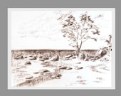 Original charcoal drawing, 8.27" x 11.69", Seashore, black white.