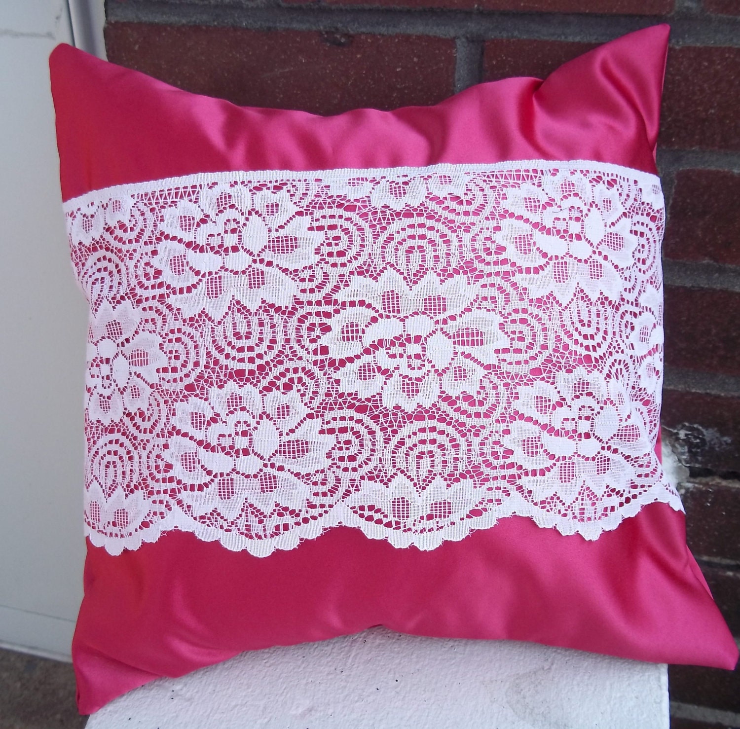 Pink Satin Pillow Cover  Upcycled with Lace  14 Inch Square