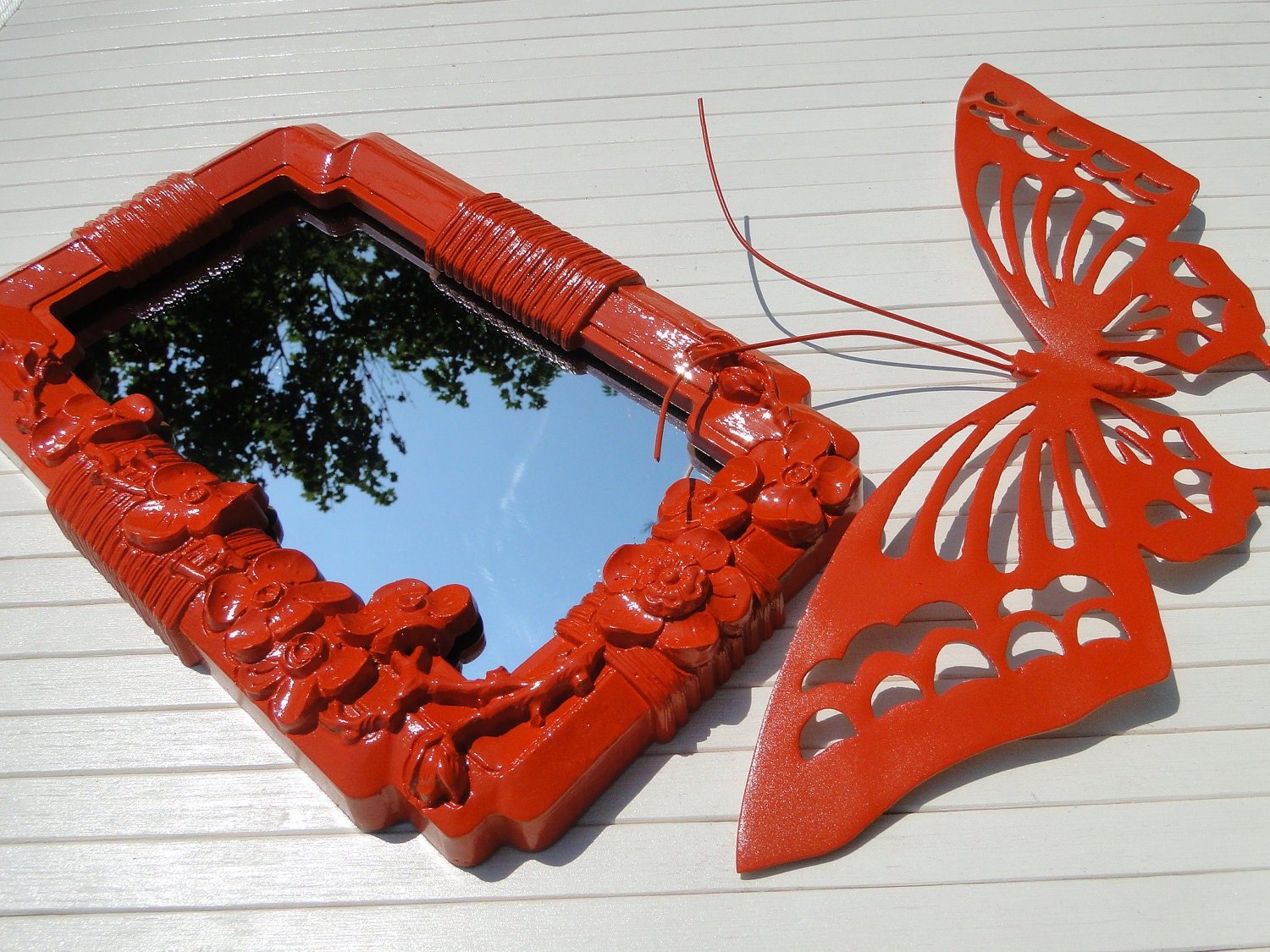 Orange Crush, Butterfly and floral mirror, updated home decor