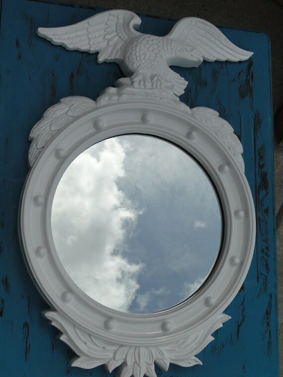 Large Vintage Ornate Round Nautical Mirror with Eagle in Pure Glossy White