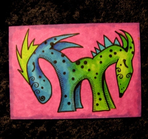 Original ACEO Two-Headed Beasts Green and Blue