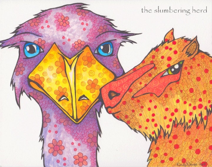 Purple Emu Capybara Beasts Original Art Pen and Ink Illustration