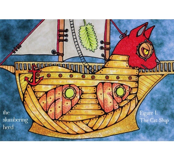 Steampunk Postcards Cat Ship and Renaissance Rabbit
