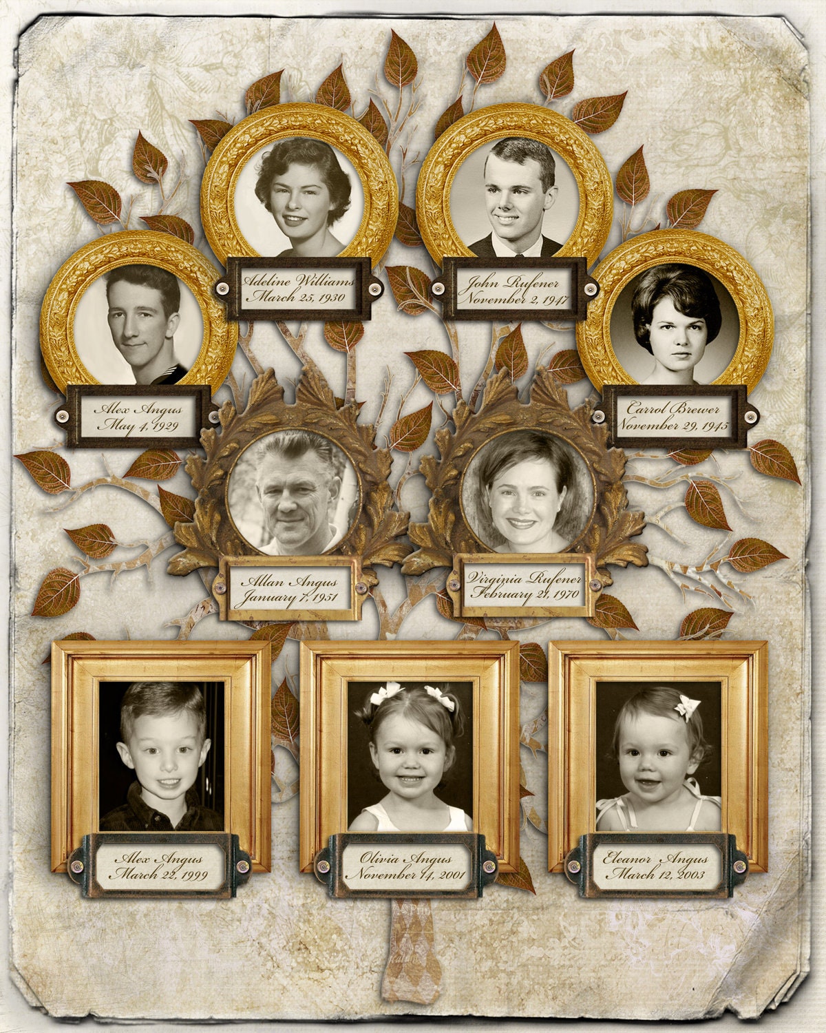 Three Generation  9 Person Custom Tree with Photos in Tan