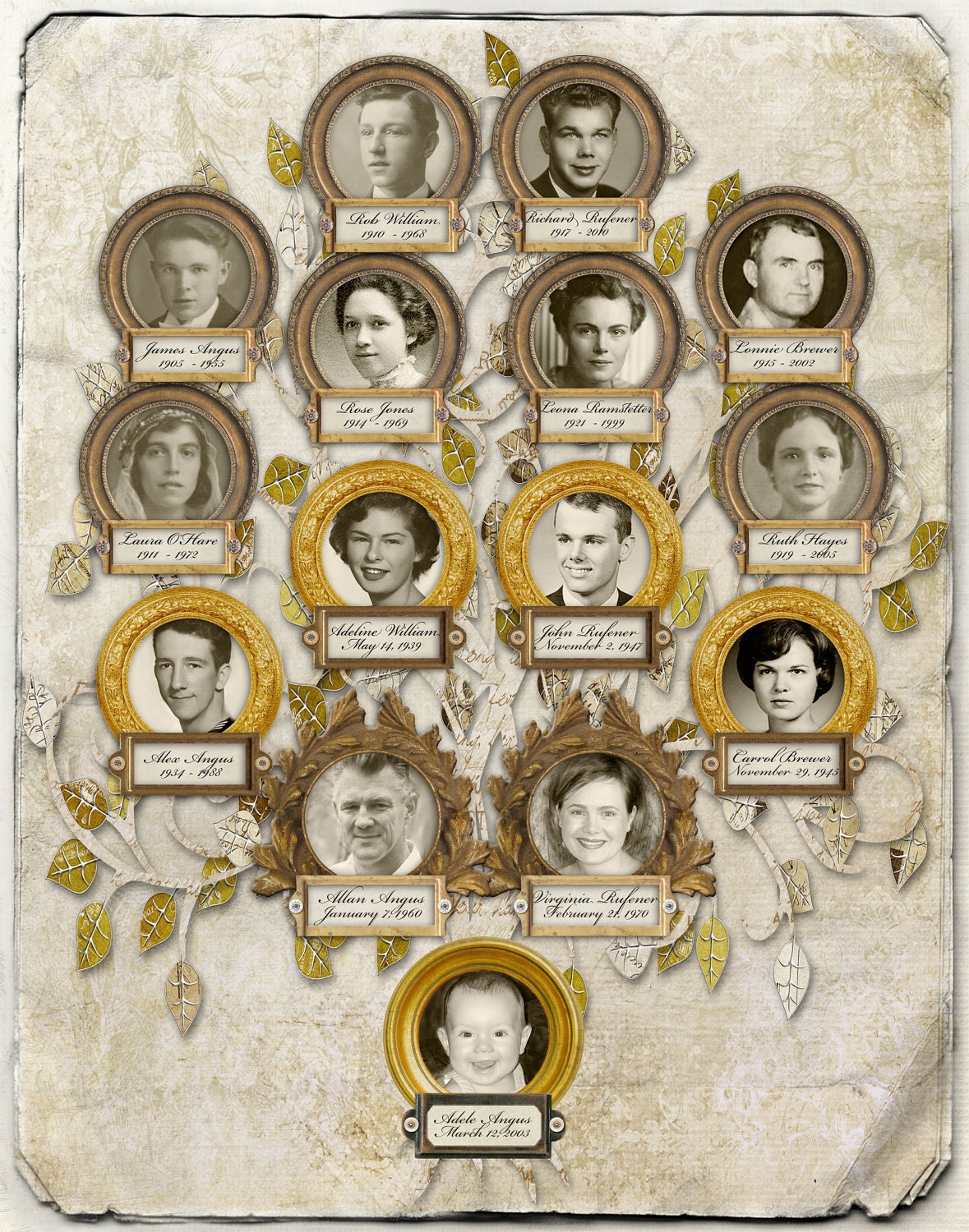Custom Family Tree - Four Generation - 15 Person Tree with Photos in Tan