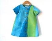 Size 7 Girls Short Sleeve Tunic Dress - Bue and Green Marimekko Cotton