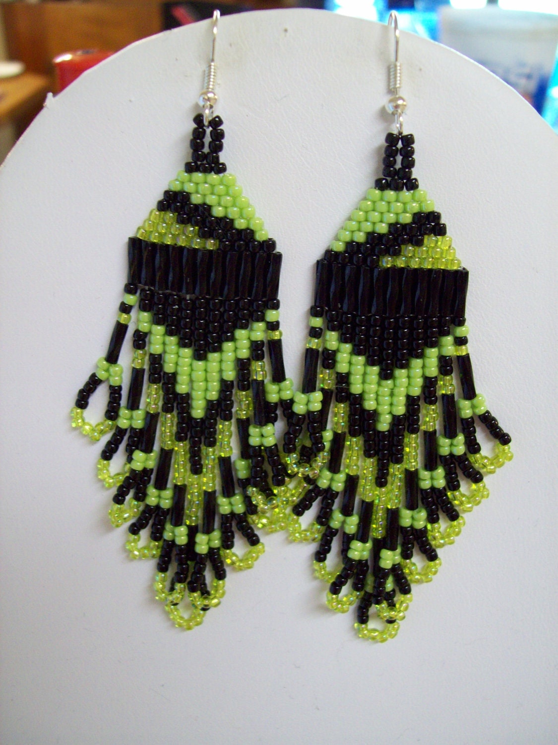 Native American Lime Green and Black Seed Beaded Earring