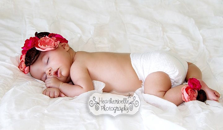 Satin Flower Headband and Anklet SET - Photo Prop - Newborn - Bridal