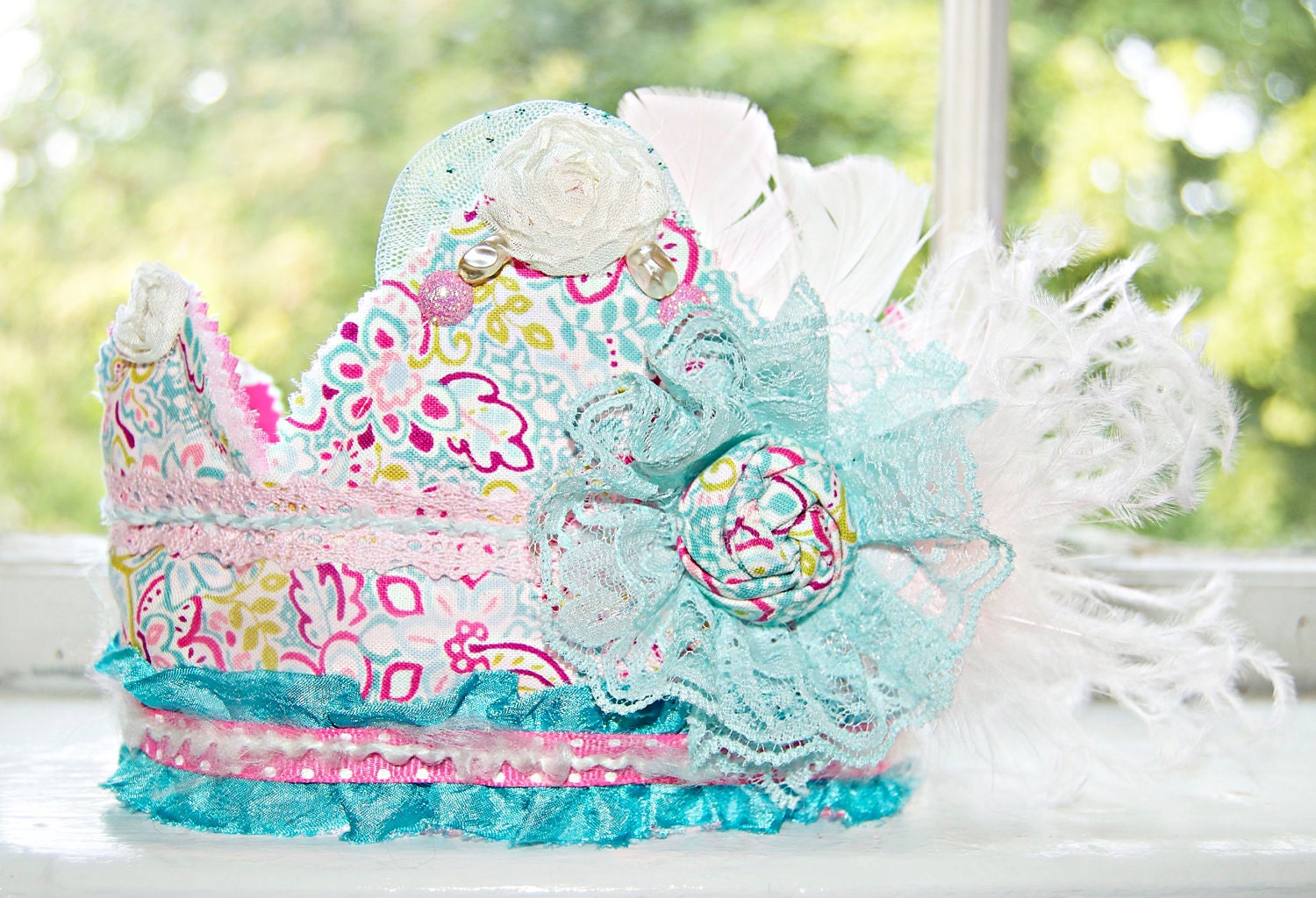 Birthday Crown - Party Hat - Photo Prop - Pink Turquoise Crown - Princess Dress Up - Birthday Hat