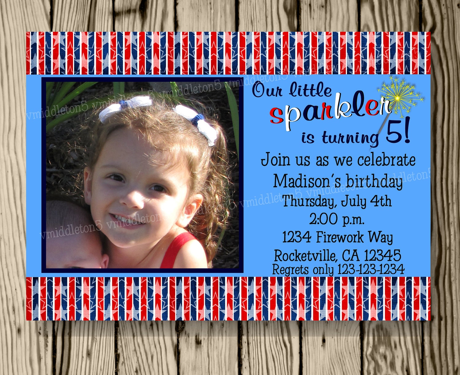 Sparkler Patriotic 4th of July Birthday Invitation with Photo Option Print Your Own 5x7 or 4x6