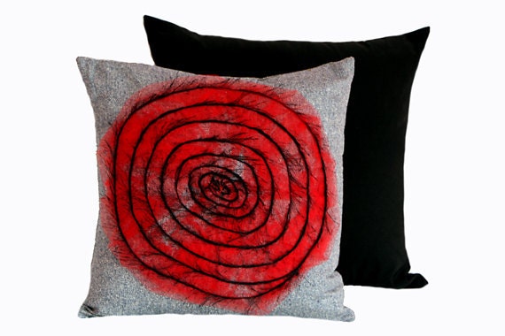 Set of two Throw pillow covers: 1 grey-blue with red-black Spiral, fits 18"x18" insert, and 1 solid black, fits 20"x20" insert, Toss cases - svetastyle