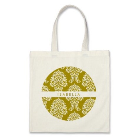4 Bridesmaids Personalized Damask Totes in Pea Green