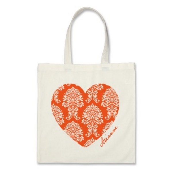Gift Tote Bag or Bridesmaid Tote Bag - Damask Personalized Heart Tote Bag in Orange