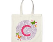 Girl Personalized Tote Bag - Signature Initial Butterflies Tote Bag in Lavender