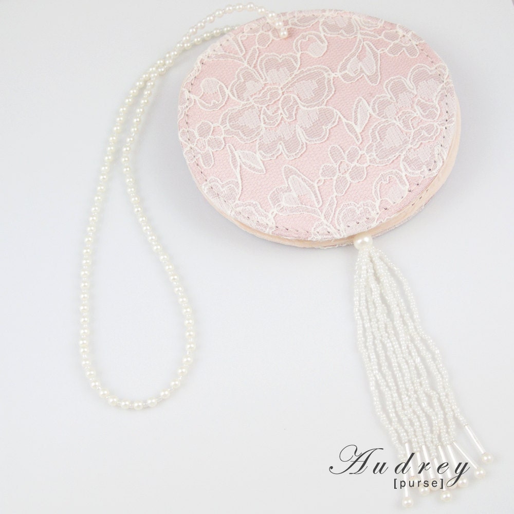 Audrey- rose lace bridal purse with pearl handle and deco tassle
