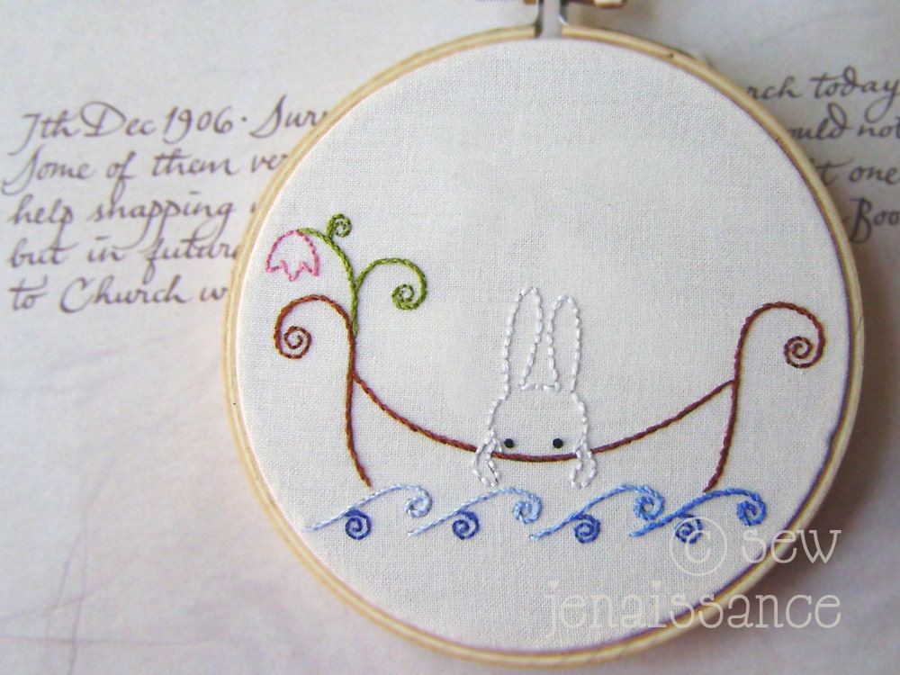 Embroidery PDF Pattern Bunny Trio Three Woodland Bunny Designs Moon Boat Flowers