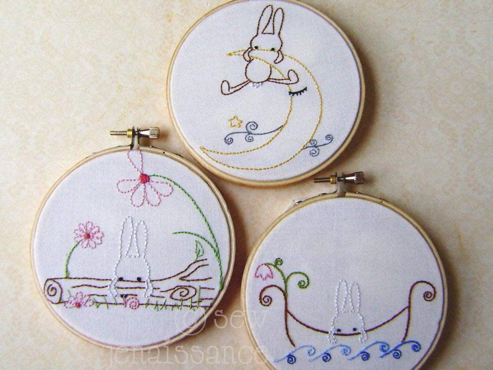 Embroidery PDF Pattern Bunny Trio Three Woodland Bunny Designs Moon Boat Flowers