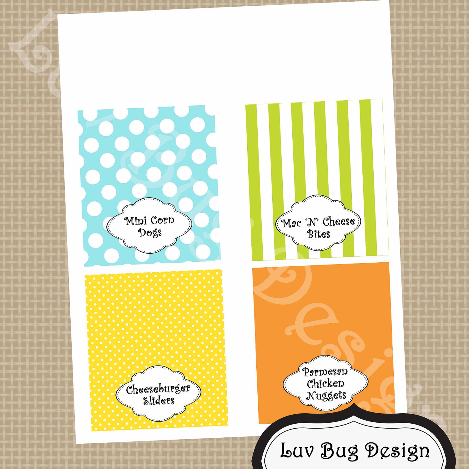 PRINTABLE Orange, Aqua, Yellow and Green Polka Dot Food Tent Style Labels-DIY printable parties by Luv Bug Design