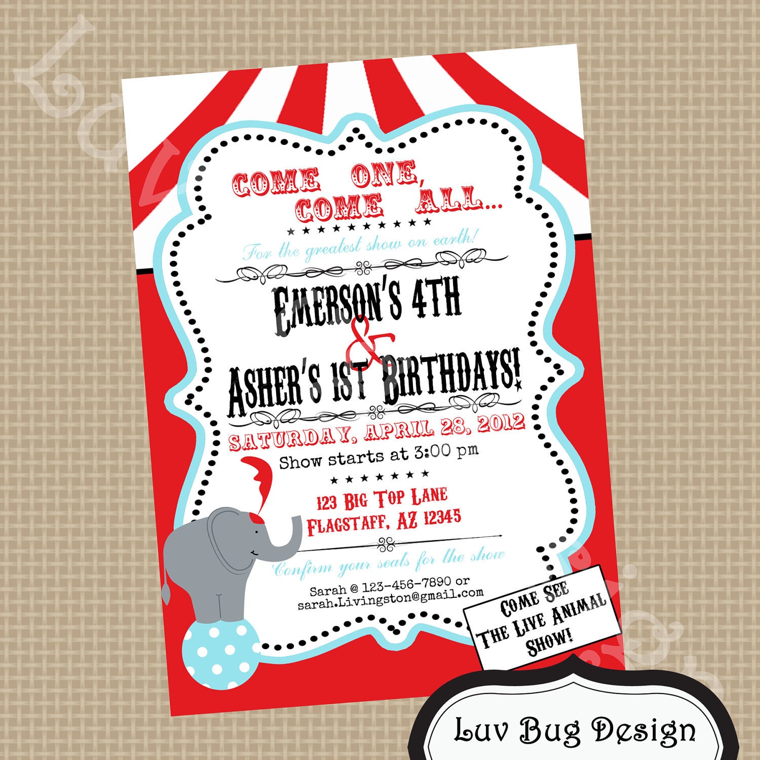 PRINTABLE Vintage Carnival or Circus Birthday Party Invite- DIY printable party invitation by Luv Bug Design
