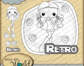 Retro hippie style kawaii tween 1960s sixties digital stamp set