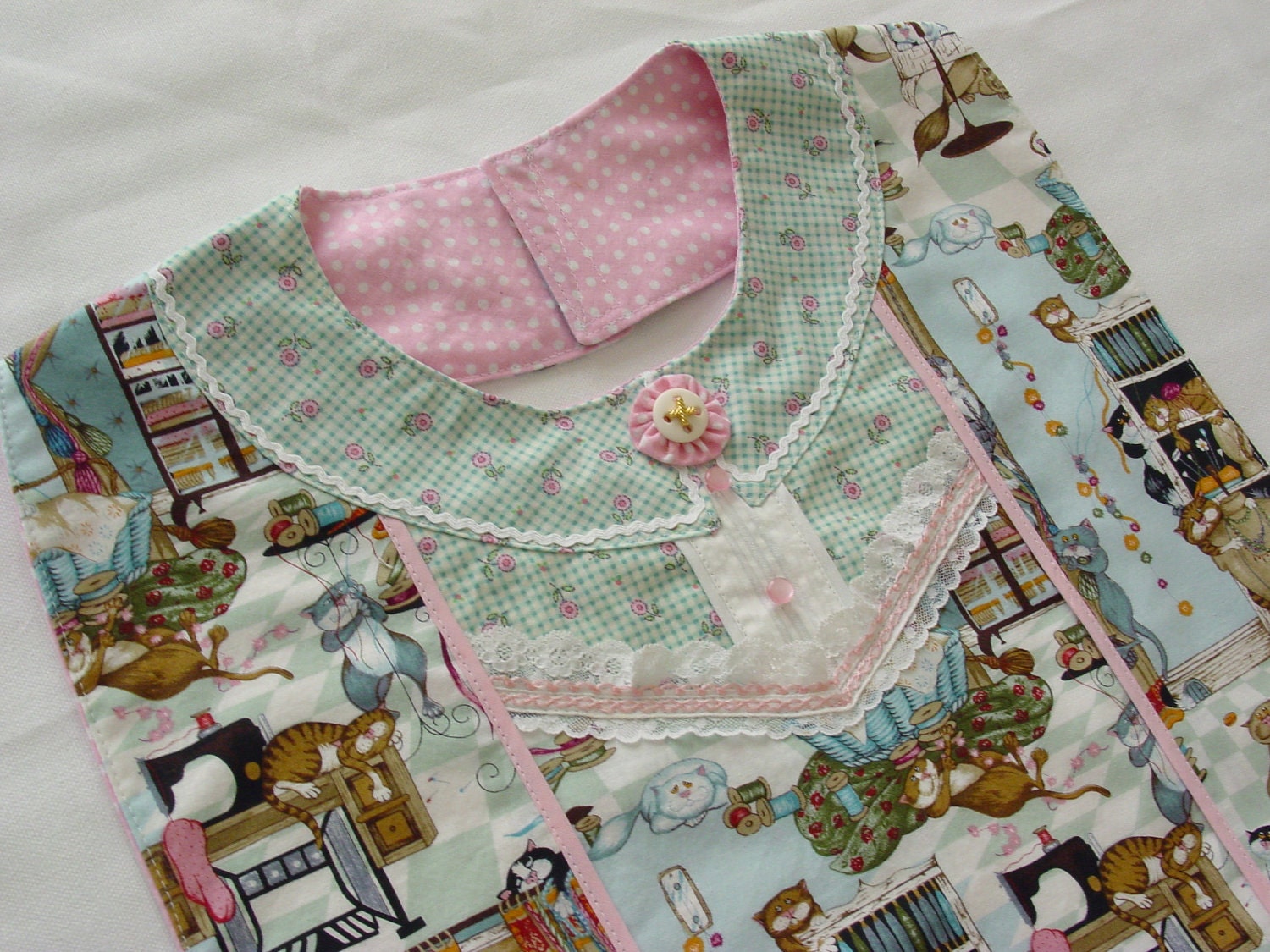 Playful Kitty Cats in The Sewing Room - Designer Apron Style Adult Bib