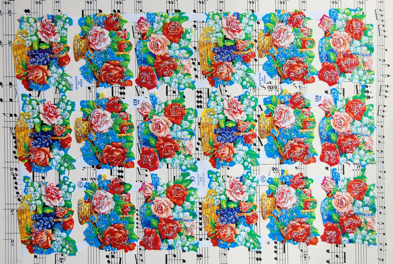 Glittered Paper Lithograph Die Cut Scraps Floral Baskets