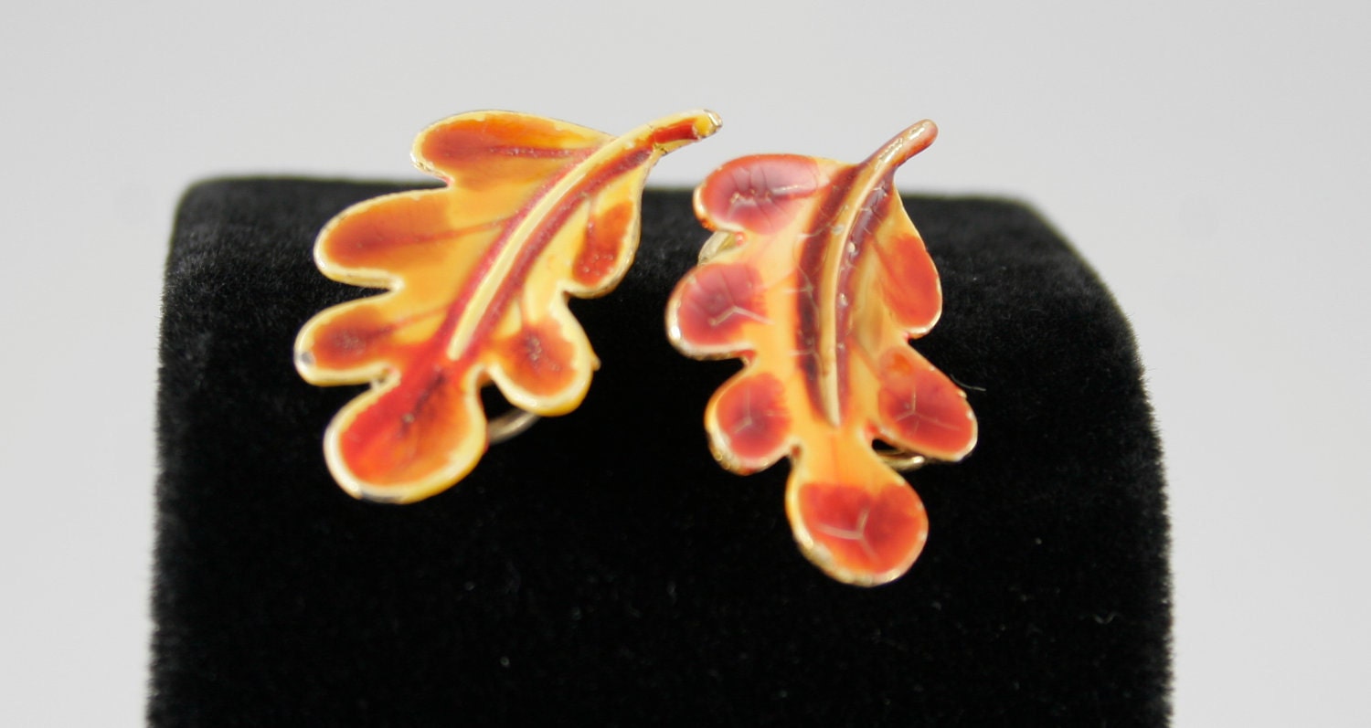 Vintage Autumn Oak Leaves Clip On Earrings in Bright Orange and Yellow circa 1960 or earlier REDUCED 25%